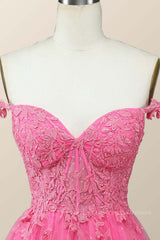 Off the Shoulder Hot Pink Lace Short Homecoming Dress