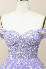 Off the Shoulder Lavender Embroidered A-line Princess Dress