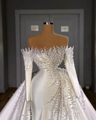 Off-the-Shoulder Long Sleeves Mermaid Wedding Dress Pearls With Detachable Train