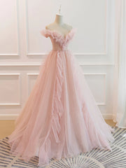 Off the Shoulder Pink Tulle Beaded Long Prom Dresses, Pink Tulle Long Formal Dress
