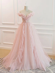 Off the Shoulder Pink Tulle Beaded Long Prom Dresses, Pink Tulle Long Formal Dress