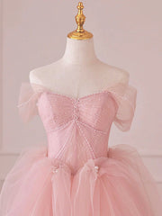 Off the Shoulder Pink Tulle Long Prom Dresses, Pink Tulle Long Formal Evening Dresses