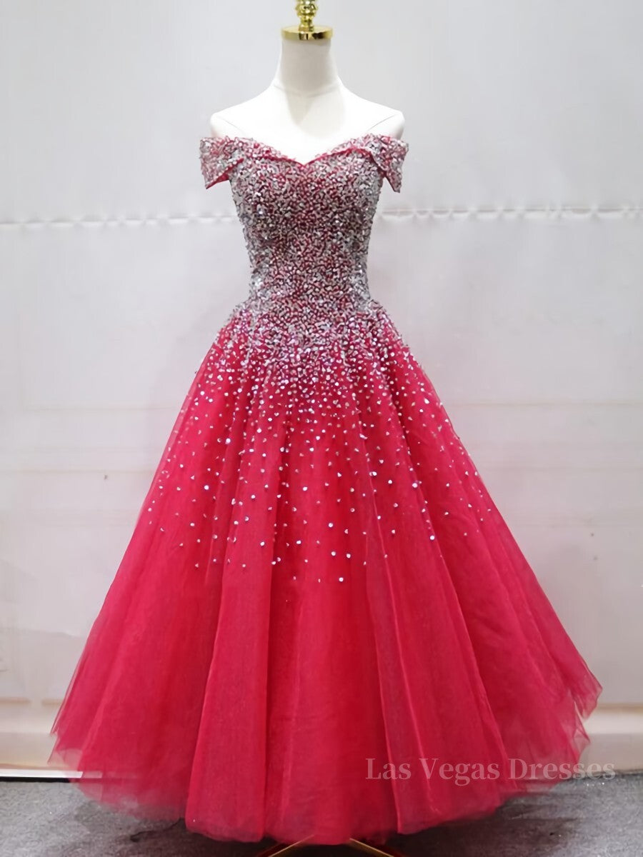 Off the Shoulder Red Long Prom Gown, Off the Shoulder Red Beaded Formal Evening Dresses