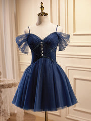 Off the Shoulder Short Navy Blue Prom Dresses, Dark Blue Off Shoulder Graduation Homecoming Dresses