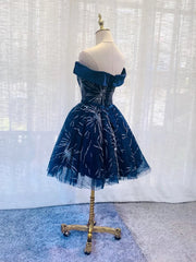 Off the Shoulder Short Navy Blue Prom Dresses, Short Dark Blue Formal Homecoming Dresses