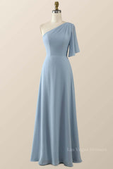 One Shoulder Blue Chiffon Long Bridesmaid Dress