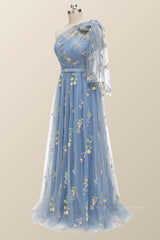 One Shoulder Blue Floral Long Formal Dress
