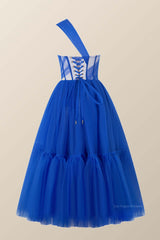 One Shoulder Blue Tulle Midi Dress