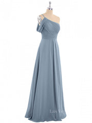 One Shoulder Dusty Blue Chiffon A-line Long Bridesmaid Dress