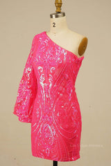 One Shoulder Long Sleeve Hot Pink Tight Mini Dress