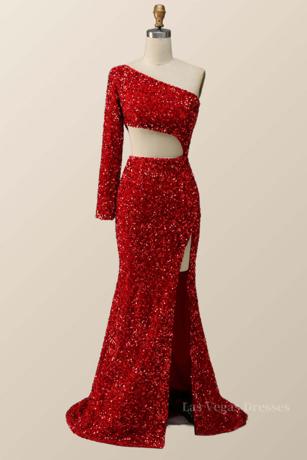 One Shoulder Long Sleeve Red Sequin Mermaid Party Dress