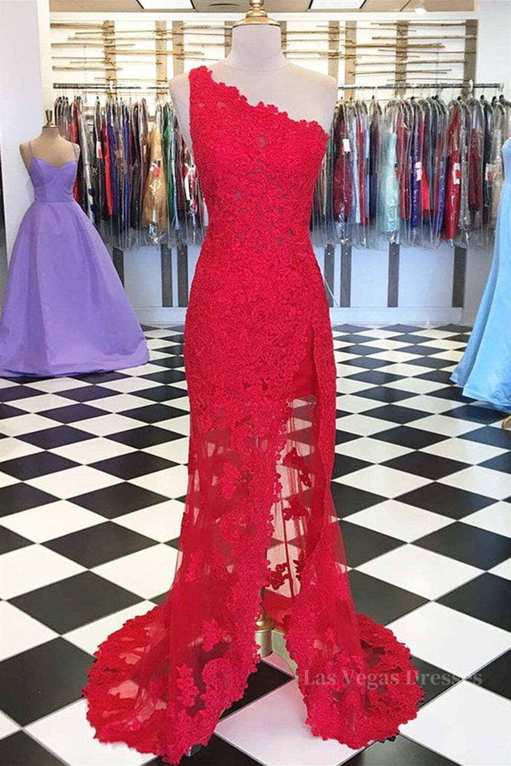 One Shoulder Mermaid Red Lace Long Prom Dresses with High Slit