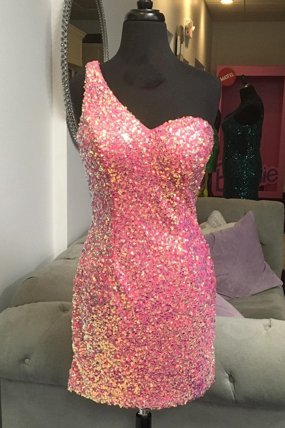 One Shoulder Pink Sequin Bodycon Homecoming Dress
