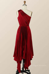 One Shoulder Pleated Red Asymmetric Dress