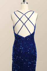 One Shoulder Royal Blue Sequin Slit Long Prom Dress