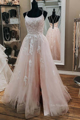 Open Back Pink Tulle Lace Long Prom Dress with Appliques, Pink Lace Formal Graduation Evening Dress