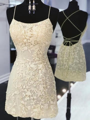 Open Back Short Yellow Lace Prom Dresses, Short Backless Yellow Lace Formal Homecoming Dresses