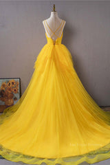 Open Back V Neck High Low Yellow Tulle Long Prom Dress, High Low Yellow Formal Evening Dress