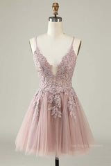 Open Back V Neck Pink Lace Appliques Prom Dress, Pink Lace Homecoming Dress, Short Pink Formal Graduation Evening Dress