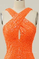 Orange Sequin Cross Front Mermaid Long Formal Gown