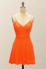 Orange Sequin Straps A-line Short Party Dress