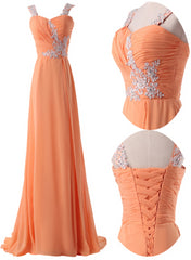 Organge Chiffon Straps Lace Applique A-line Long Prom Dress, Orange Formal Dress Evening Dress