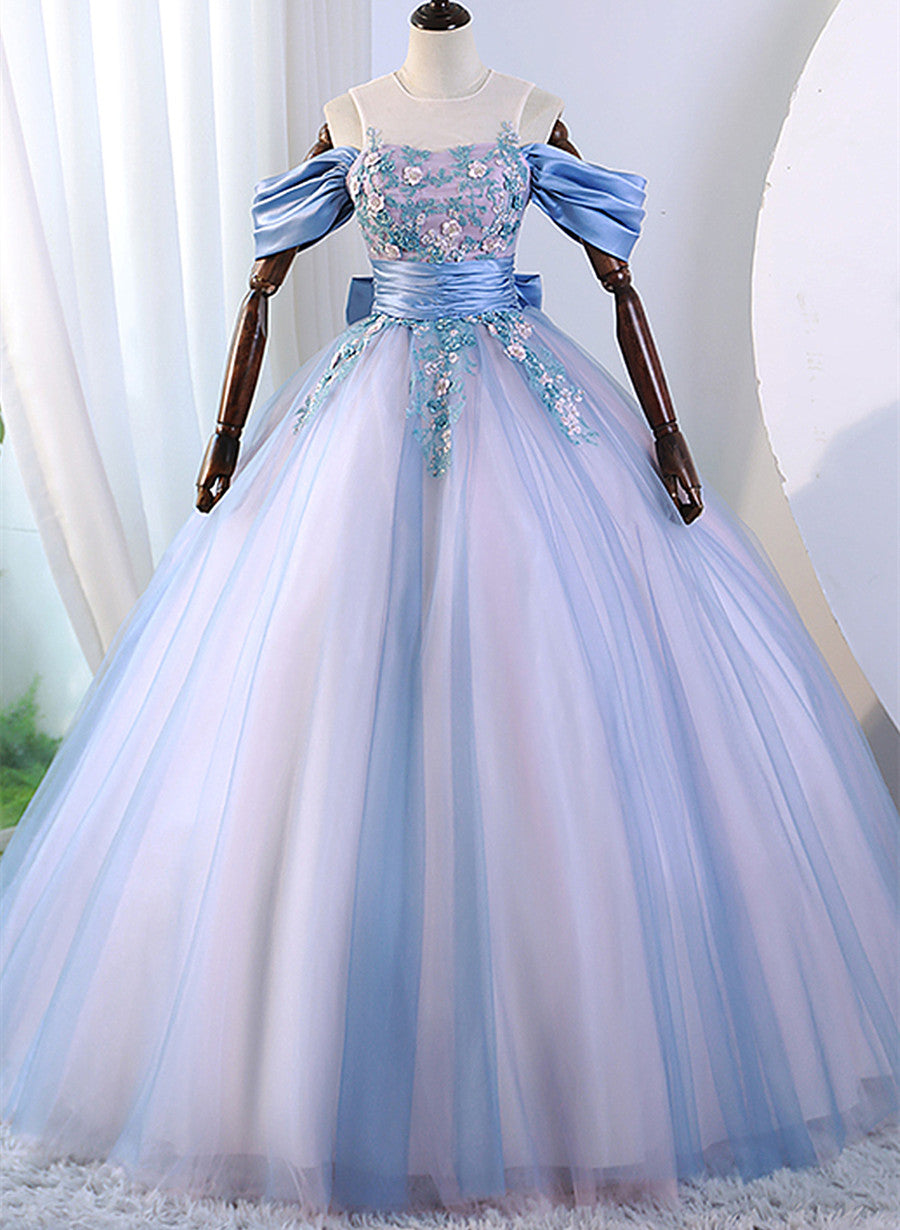 Pink and Blue Off Shoulder with Lace Applique Formal Dress, Sweet 16 Gown Formal Dress
