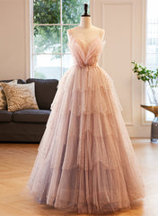 Pink Beaded V-neckline Tulle Party Dress Prom Dress, Tulle Layers Sweet 16 Dress