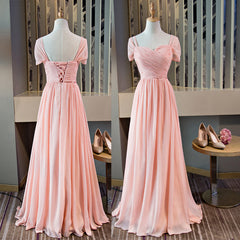 Pink Chiffon Cap Sleeves Long Bridesmaid Dress, Floor Length Pink Party Dress
