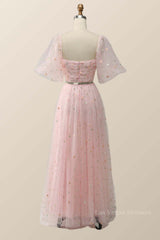Pink Floral Embroidered Dress with Half Puffy Sleeves