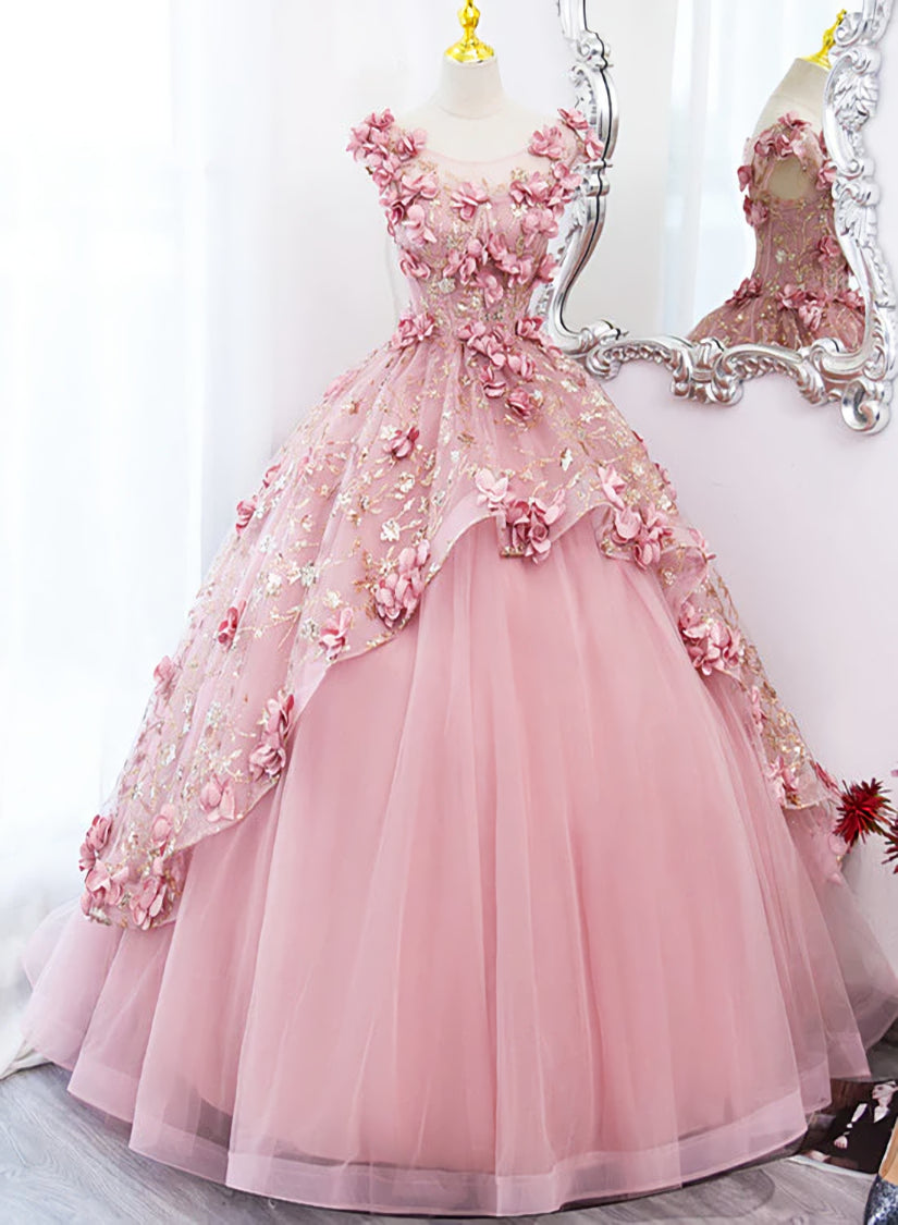 Pink Flowers Round Neckline Floor Length Sweet 16 Dress, Pink Long Formal Dress
