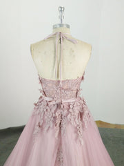 Pink High Neck Tulle Lace Applique Long Prom Dress, Pink Evening Dress