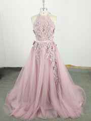 Pink High Neck Tulle Lace Applique Long Prom Dress, Pink Evening Dress