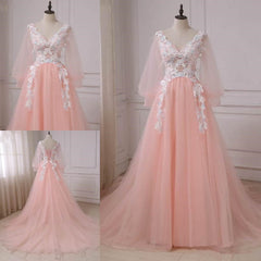 Pink Lace Applique V-neckline Long Prom Dress, Long Sleeves Fashionable Evening Gown