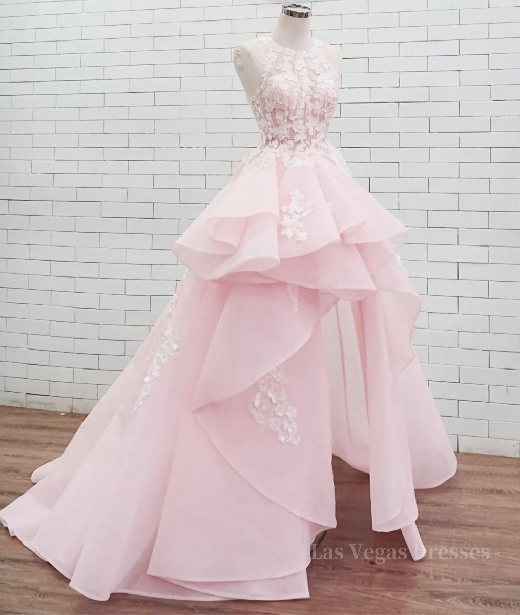 PinK lace tulle long prom dress, pink tulle evening dress