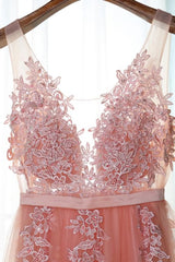 Pink Long New Prom Dress, Party Dress with Lace Applique
