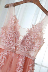 Pink Long New Prom Dress, Party Dress with Lace Applique