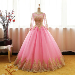 Pink Long Sleeves Tulle Round Neckline Sweet 16 Dresses, Pink Formal Gown
