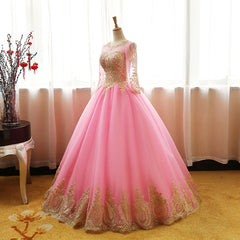 Pink Long Sleeves Tulle Round Neckline Sweet 16 Dresses, Pink Formal Gown