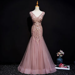 Pink Mermaid Tulle Long Evening Dress with Lace, V-neckline Floor Length Prom Dress