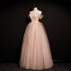 Pink Off Shoulder Beaded Tulle Long Party Dresses, Pink A-line Formal Dresses Prom Dress