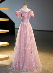 Pink Off Shoulder Shiny Tulle A-line Long Party Dress, Pink Tulle Formal Dress
