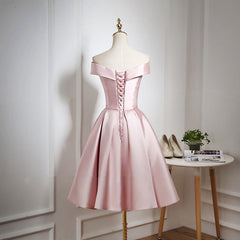 Pink Satin Knee Length Homecoming Dress, Off the Shoulder Homecoming Dress