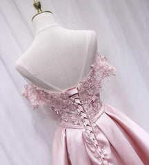 Pink Satin Off Shoulder Lace Top Homecoming Dress, Pink Gradaution Dresses