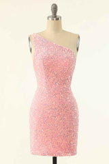 Pink Sequin One-Shoulder Backless Formal Mini Dresses