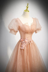 Pink Short Sleeves Tulle Party Dress, A-line Flower Lace Prom Dress