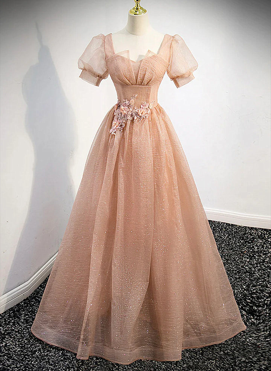 Pink Short Sleeves Tulle Party Dress, A-line Flower Lace Prom Dress
