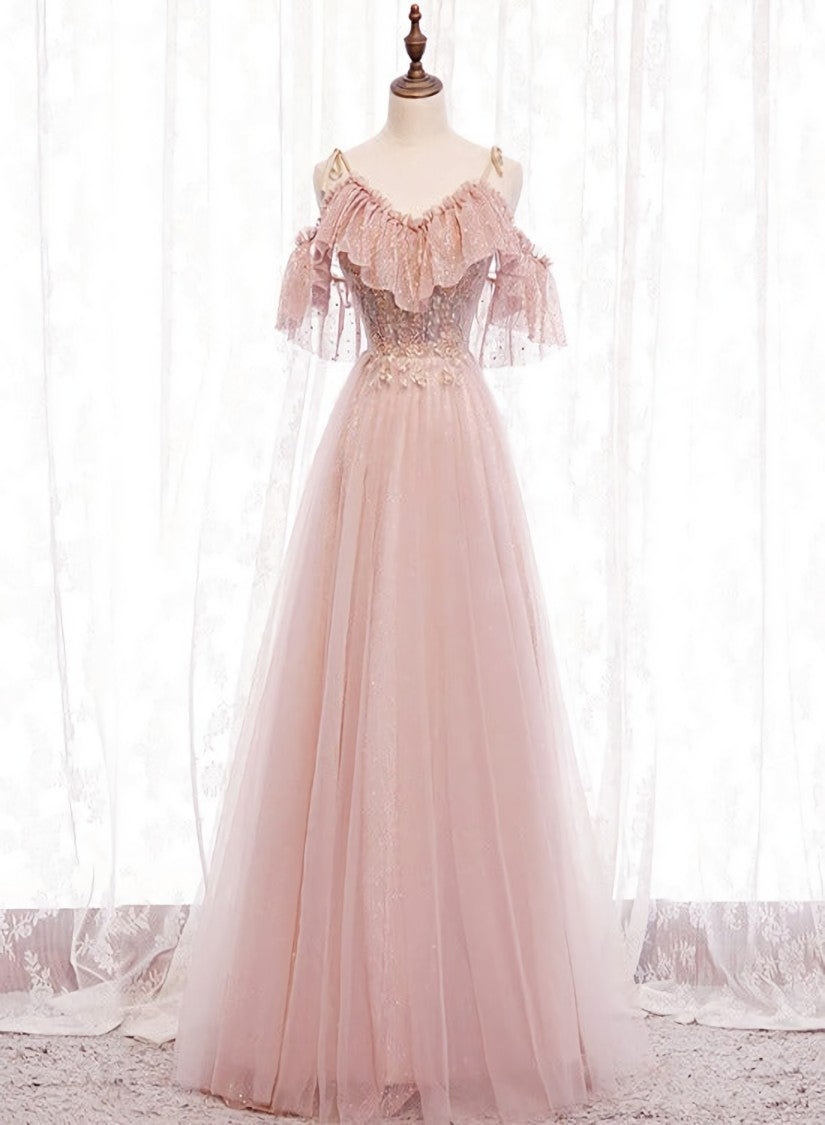 Pink Straps Lace Top Tulle Off Shoulder Party Dresses, Pink A-line Formal Dresses