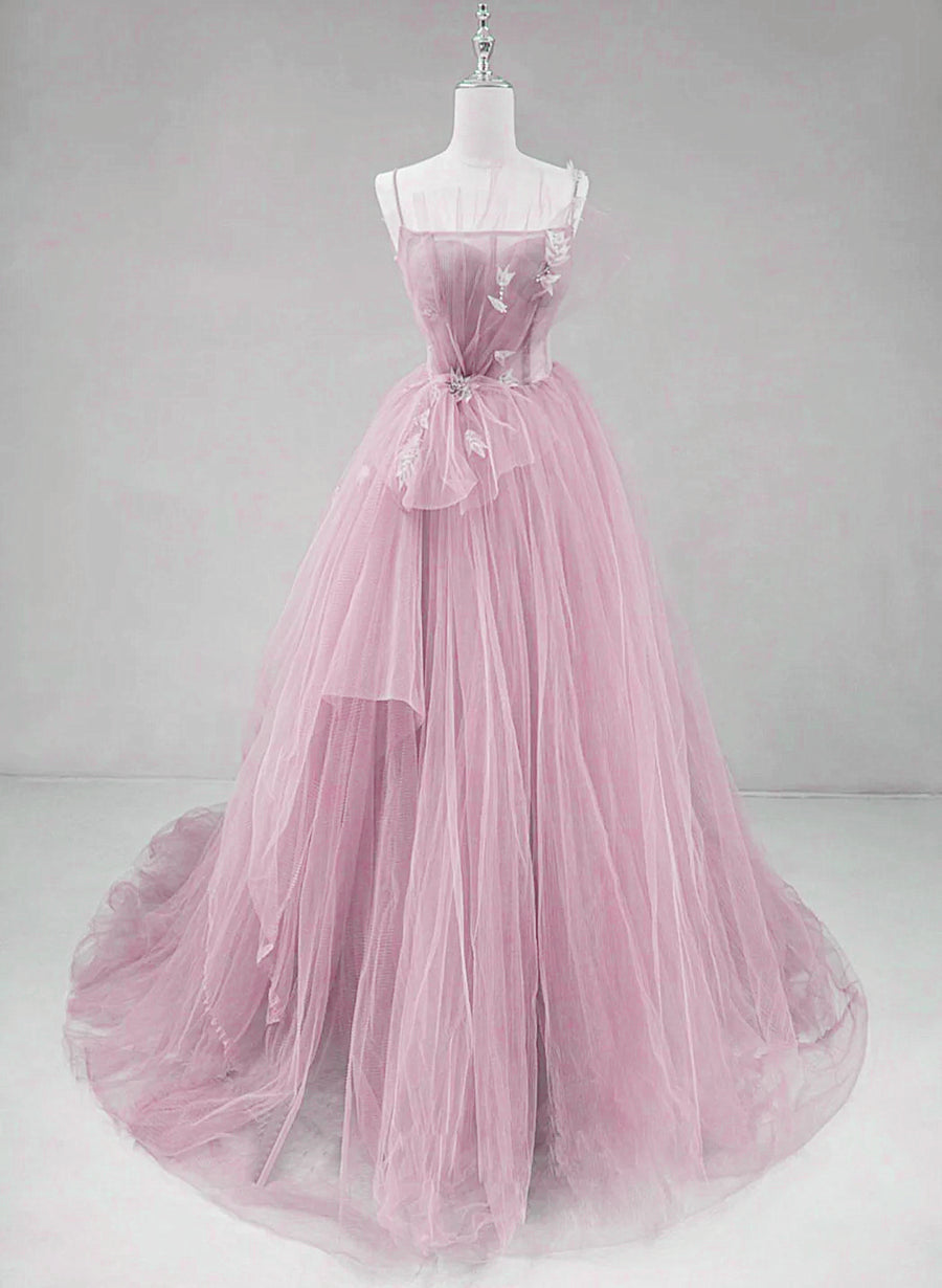 Pink Straps Tulle Chic Long Party Dress Formal Dress, Pink A-line Prom Dress