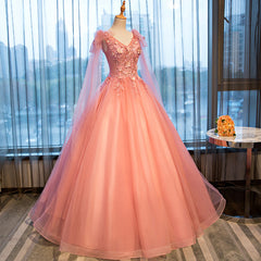 Pink Sweet 16 Formal Tull Gown with Lace, Pink Prom Dresses